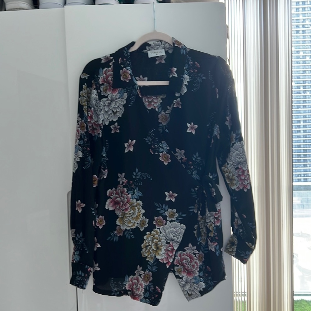 Black floral wrap tie blouse